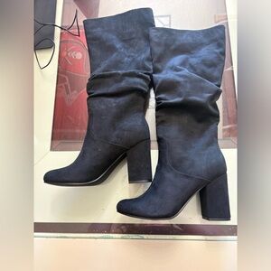 New LEONA Black Suede Slouch Boots • Block Heel • Women’s 8.5